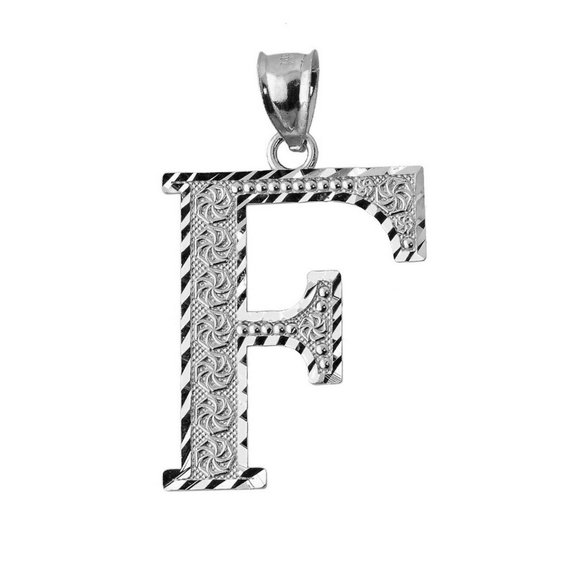 925 Sterling Silver Diamond Cut Large Initial Letter F Roman Pendant Necklace